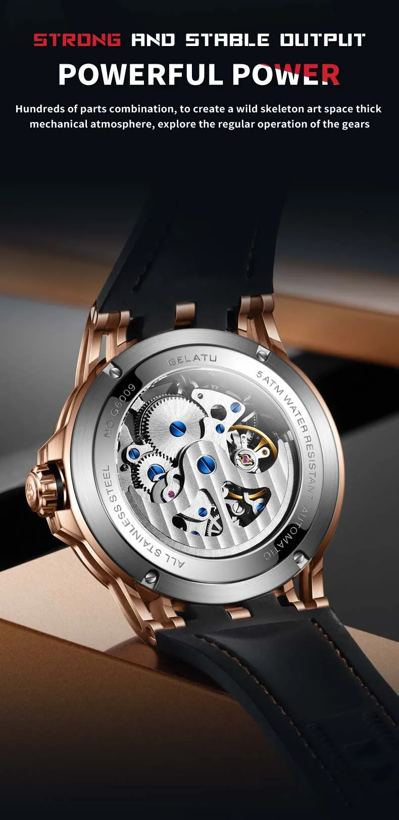 GELATU 6009 Popular Custom Face Mens Mechanical Watch Buy Leather Strap Luminous Scrolling Moq 1 Casual Watch Company
