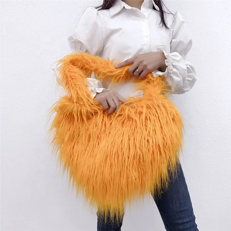 Faux Natural Fur-Ever Mongolian Furry Fur Heart Shape Oversized Tote Bags For Women Handbags With Long Shoulder Fur Straps
