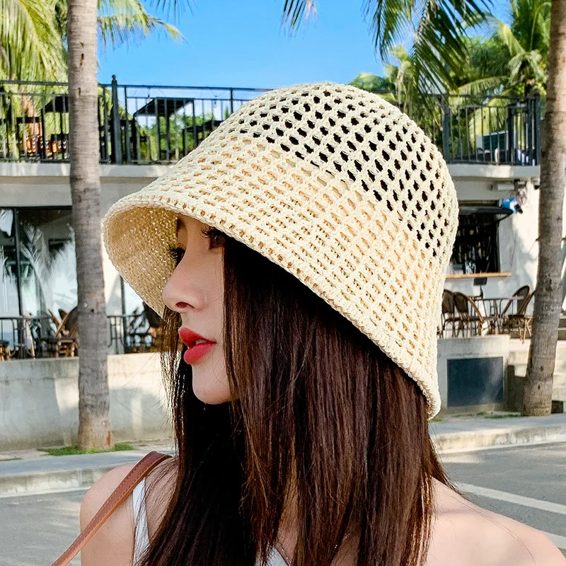 Summer Sun protection Hat Women Outdoor Knitting Sun Hat Hollow Fisherman Bucket Hat Cap