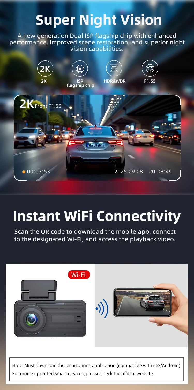 Factory Outlet AHD Dual Lens 3 Inch IPS LCD with Real 2K+2K Dashcam Black Box Type-C Power Tracking and Speed Private Car manufacture
