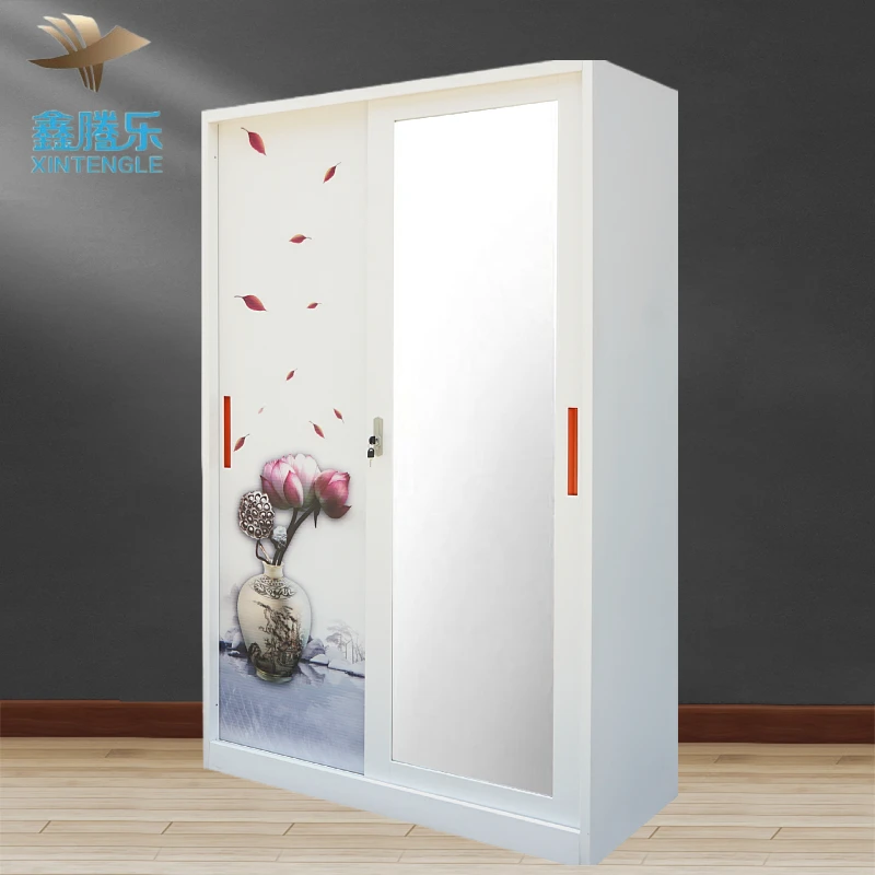 New Promotion Powder Coat Green Steel Wardrobe Iron Cupboard printed sliding cabinet for bedroom