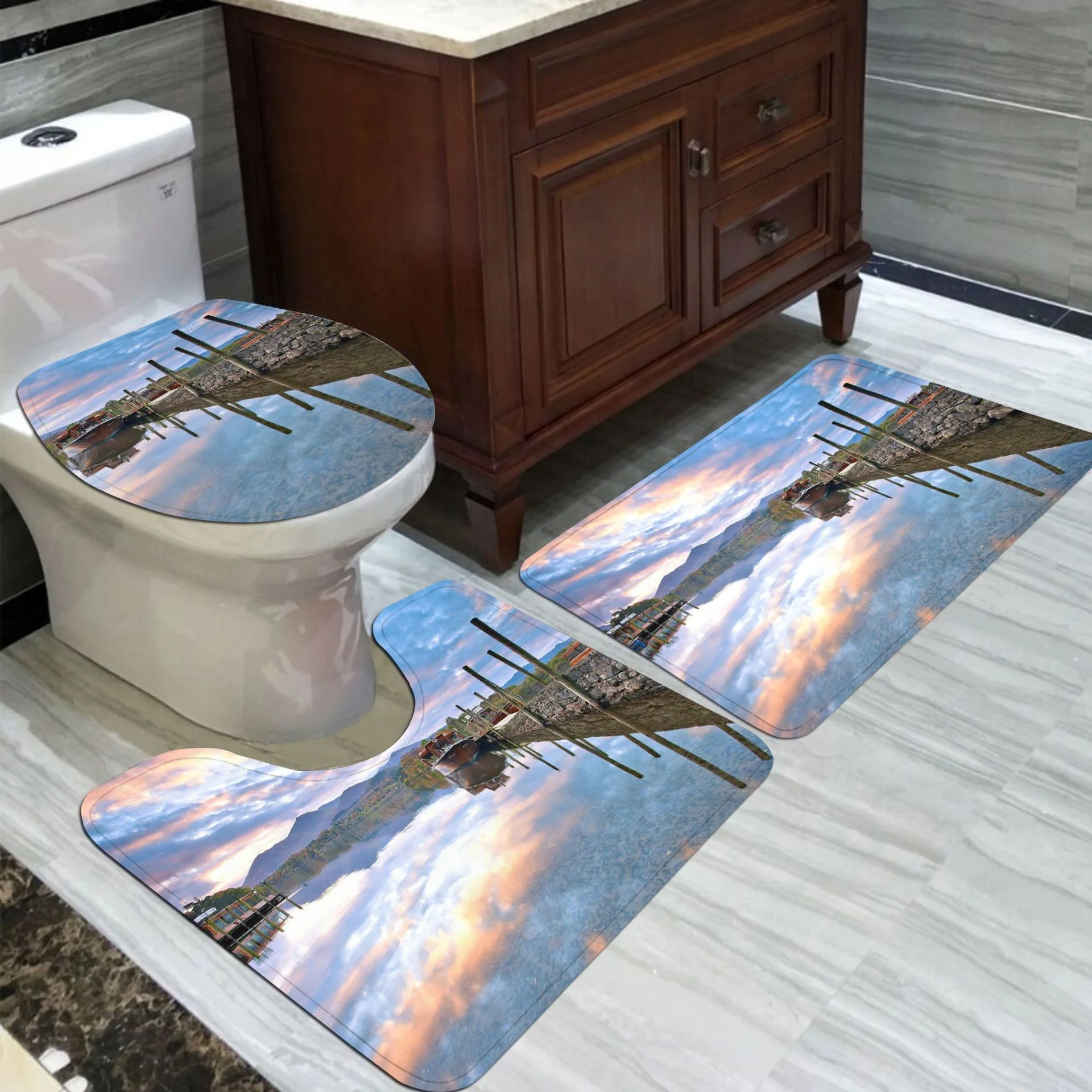 Factory supply rugs non slip microfiber chenille 3 pc/pieces bathroom set mats