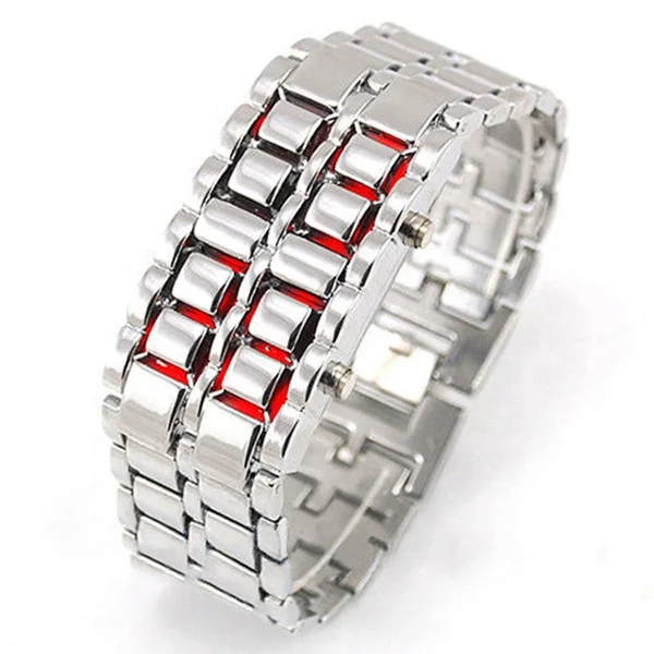 Unique Fashion Watch Men Black and Silver Cool Metal Alloy Iron Samurai Lava LED Digital Wrist Watch