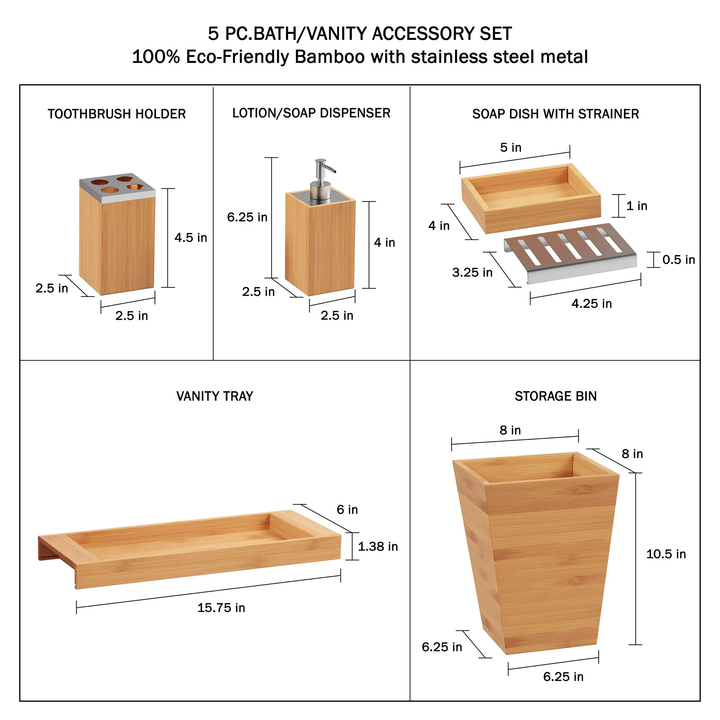 product zc custom 5 piece bathroom decoration set bamboo vanity accessories soap dish soap dispenser toothbrush holder-4
