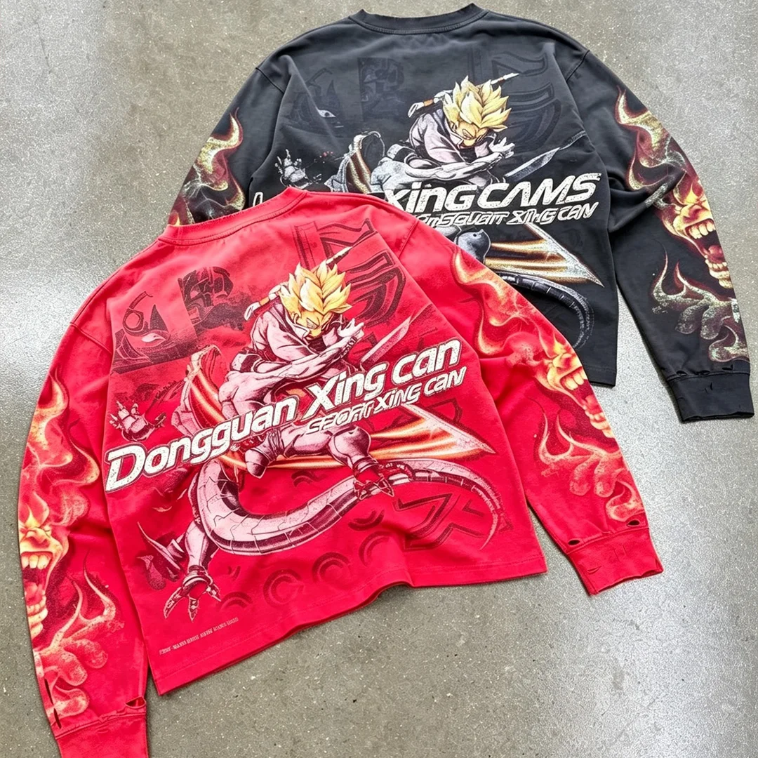 product custom men vintage washed distressed anime all over print cropped long sleeve t shirt dtg print oversized high street tee odm728-1