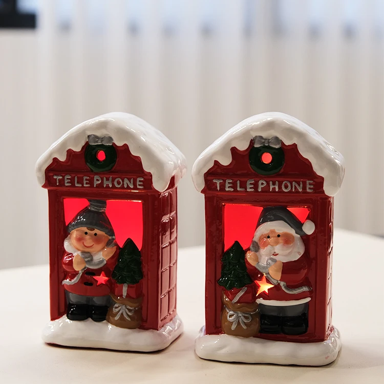 New Europe style home decoration ceramic Christmas ornaments with LED light porcelain Xmas Santa telephone