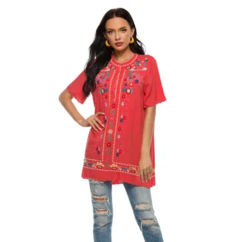 New Loose Long Shirt Cotton Embroidery Short Sleeve Top Women's National Style Large Size Shirt Women's Wear Shirt / Blouse