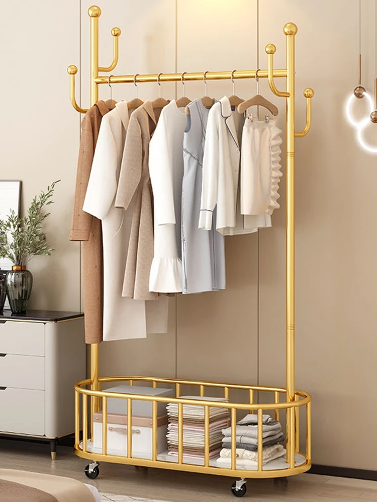 gold clothing display rack standing hanging drying storage luxury modern store rolling metal rack