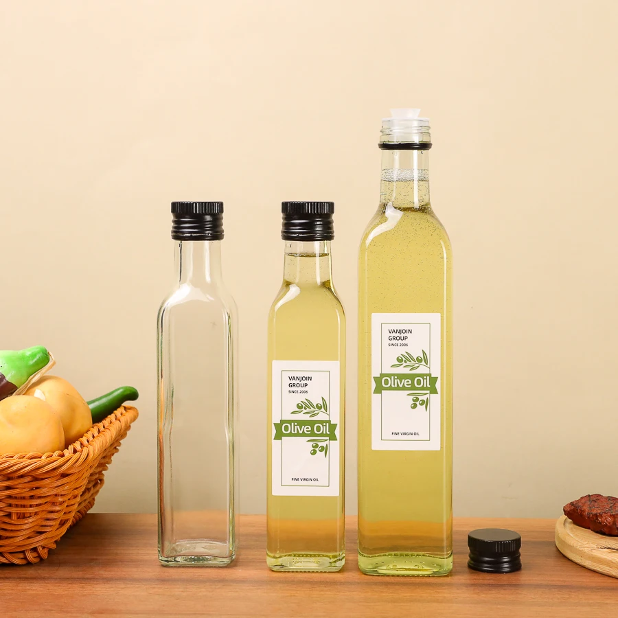 Manufacturer Supply 250ml 500ml Wholesale Empty Olive Oil Bottle Transparent Glass Bottle Cooking Oil Packing Bottle with Lid