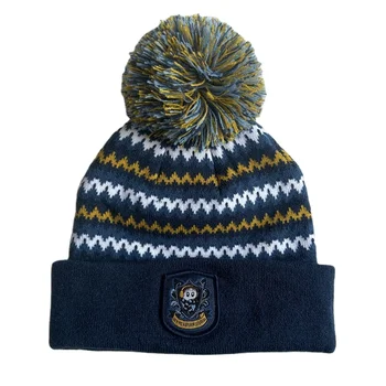 2024 New Arrivals Thick Weave Cap Dark Blue Coloured Pompon Knit Hat with Wavy Pattern