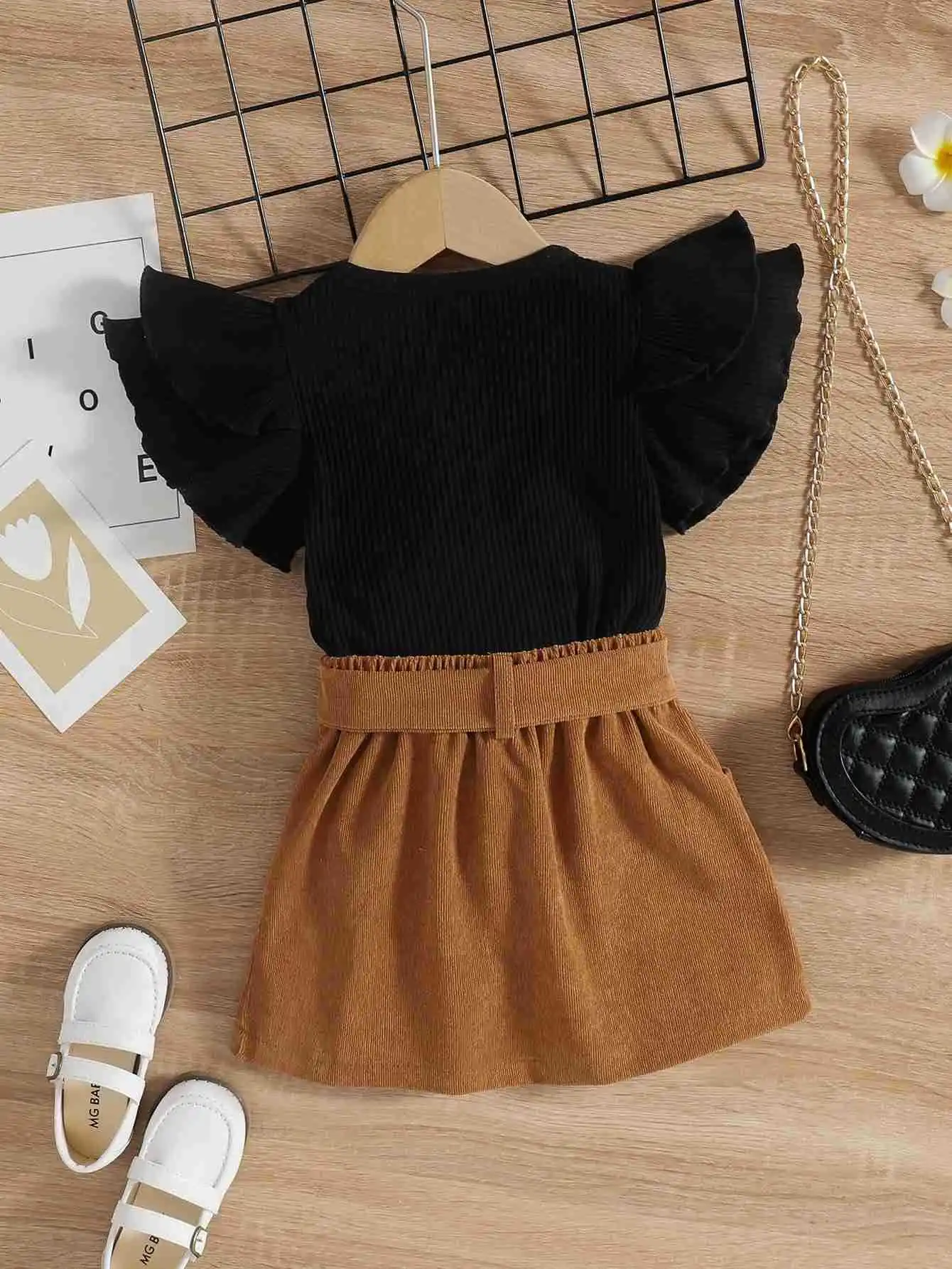 American style children's clothing summer flying sleeve pit top+corduroy skirt boutique two-piece girls outfits