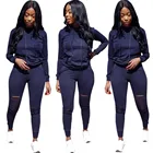 2021 Wholesale Hoodie Ripped Hooded Outfits 2 Piece Set Clothing Women Joggers Sweatsuit Tracksuits