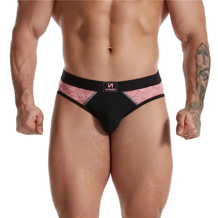Oem Mens Lace Pink Briefs Sexy Gay Man Underwear Sex Gay Boys See Through Underpants With Custom Logo
