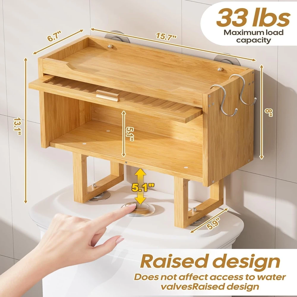 product bamboo wall mounted toilet storage cabinet space saving bathroom storage rack with lid and 2 hooks no drilling design-8
