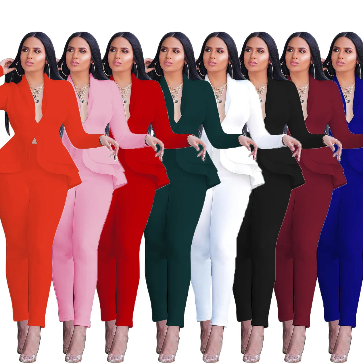 Womens 2 Piece Outfits Long Sleeve High Low Peplum Blouse Top and Straight Fit Dress Pants Business Suits Sets 