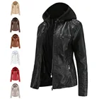 Jacket 7XL Removable Hood Hat Solid Color Front Zipper Decor Womens Motorcycle Leather Jacket