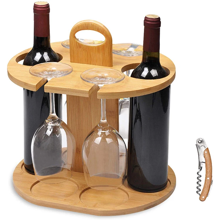 Detachable Bamboo Glasses Display Stand Storage Rack Insert Wood Glass Rack Bamboo Wine Bottle Holder  with Handle for Kitchen