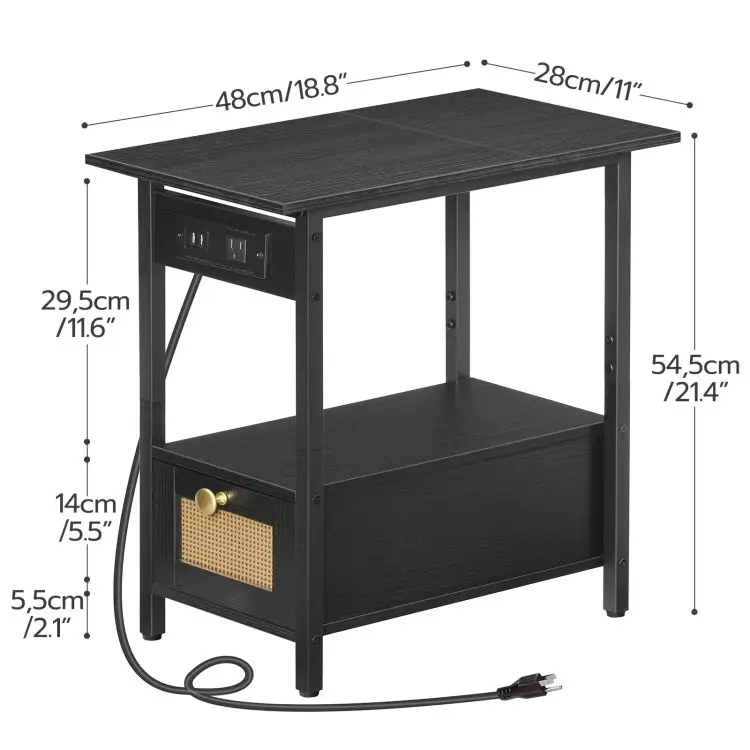 Black Rattan 1 Drawer Bedside Table Bedroom Furniture Wooden Narrow Nightstands Bedside Cabinet With Charging Station Usb Ports