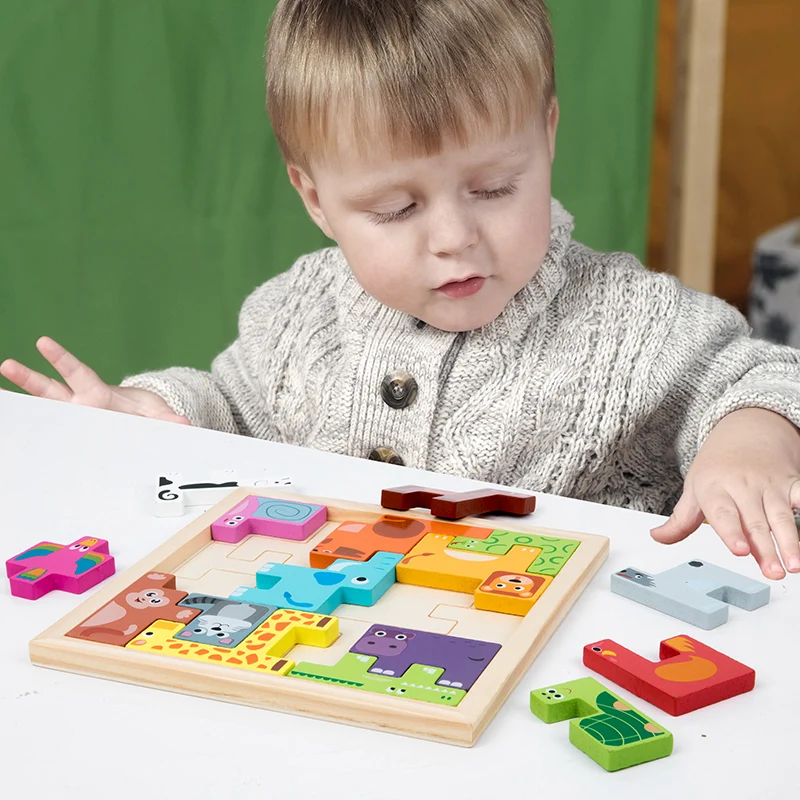 Montessori drewniane puzzle dla malucha zabawka dla wieku 3 4 5 6 7 lat Puzzle ze zwierzętami kształt tablicy pasujące zabawki edukacyjne dostawca