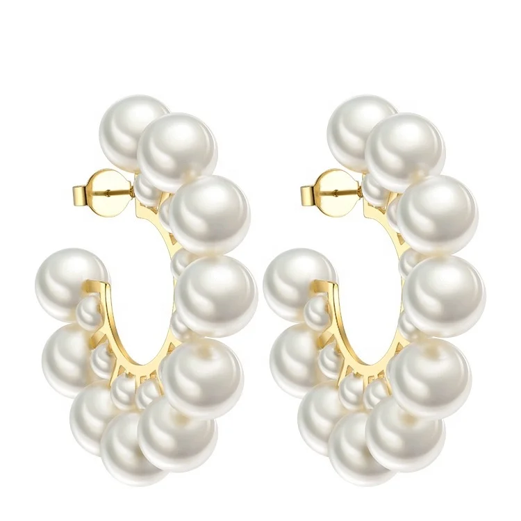 High Quality 18K Gold Plated Stainless Steel Jewelry Big Circle Imitation Pearl Hoop Earrings EB181094