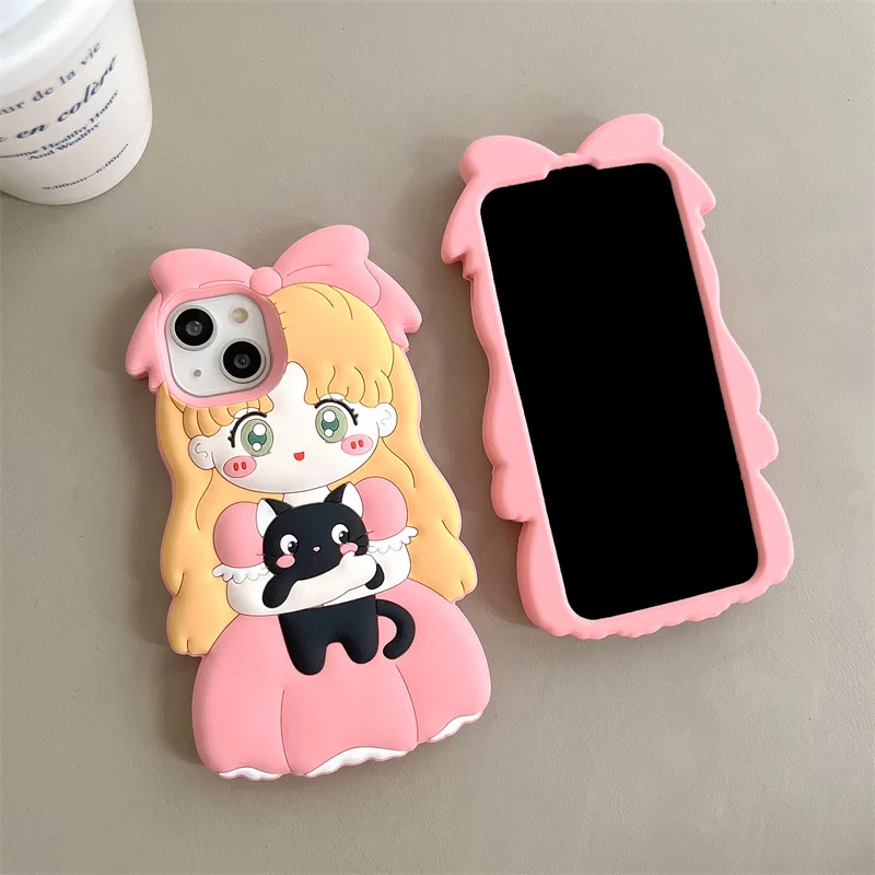 Shockproof Rubber Cover Silicone Panda Cartoon Hugging Cat Girl Cute Phone Case for Apple iPhone 15 14 13 12 pro max 11