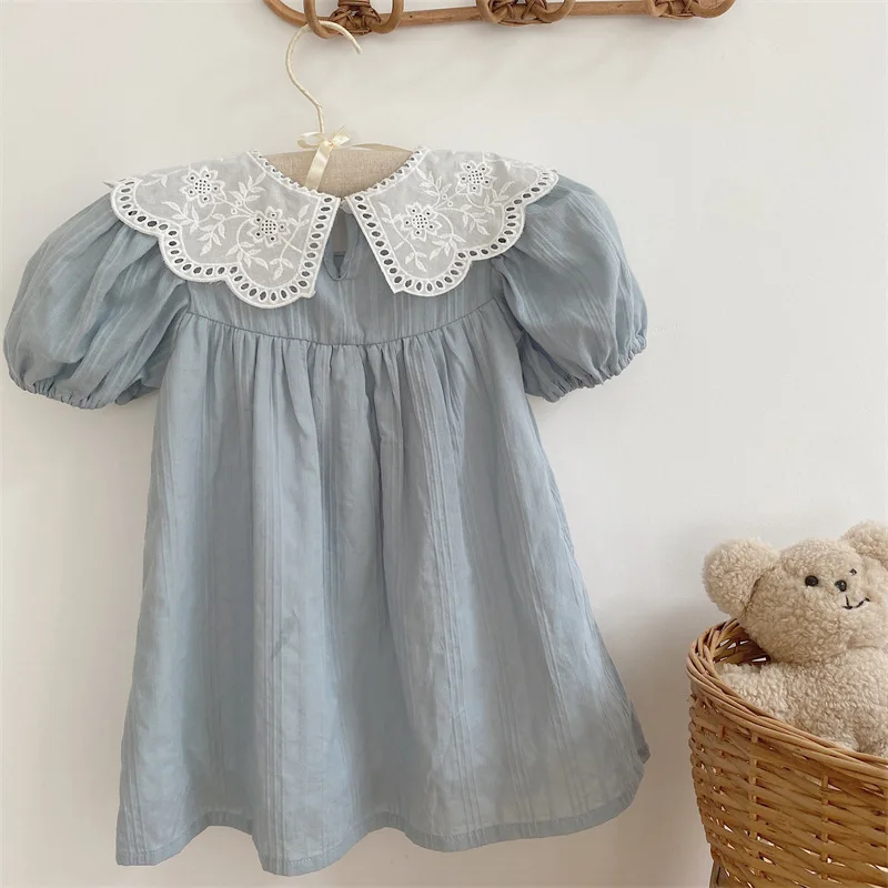 2023 Summer New Girl's Vintage Lace Dress Children's Baby Cotton Short Sleeve Dress