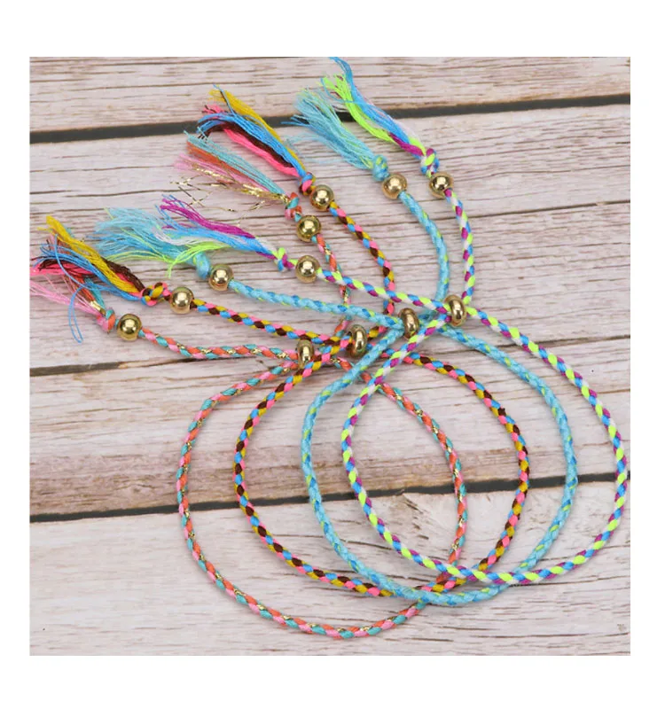 Bohemian Cotton Rope Copper Bead Tassel Bracelet Handmade String Wrap
