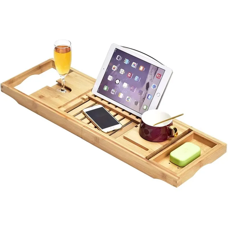 product luxury eco friendly bamboo two piece bathtub caddy with book stand towel tray expandable bathtub accessories bathroom gadgets-2