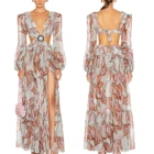 Dress High Quality Manufacture Wholesale Custom OEM Women Printed Maxi Fashion Clothing Long Sleeve Cutout Dress
