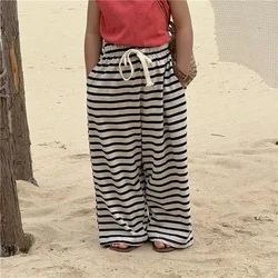 Girls Pants 2023 Summer New Casual Cotton Striped Girl's Wide Leg Pants