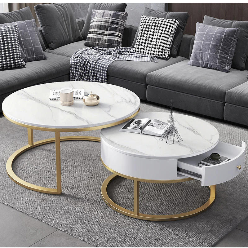 2021 Modern round living room gold frame decoration sofa marble top coffee tables mesa de centro