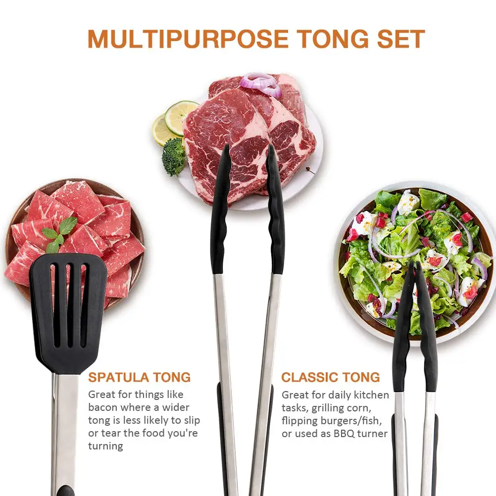 3 in1 Stainless Steel Kitchen Food Tongs Set for Cooking with BPA Free Silicone Tips KitchenTongs