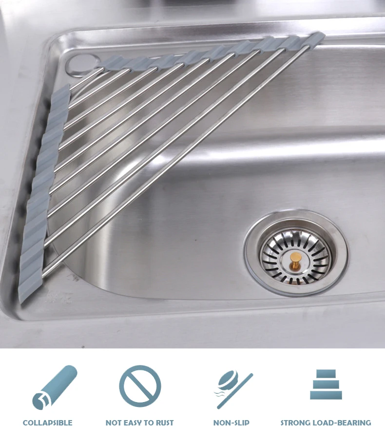 Adjustable Stainless Steel Dish Drying Rack for Kitchen Sink Single Tier Roll-up Rack for Food and Sundries over the Corner