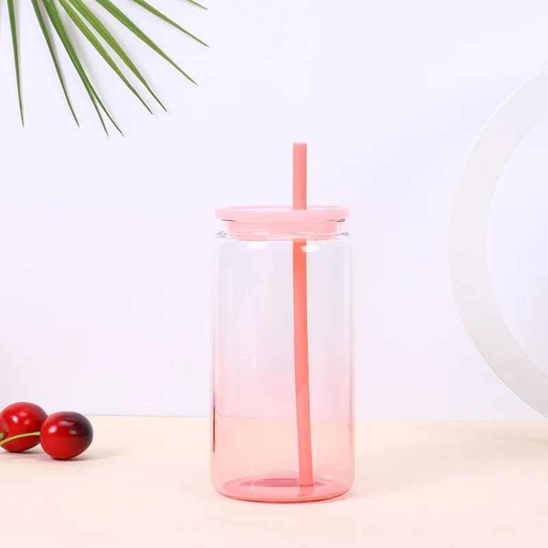 Wholesale Heat Sublimation Straw Glass 16oz Gradient Dazzle water Cup Colorful PP Lids and Straws