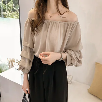 Women Girls Chiffon Sweet Stacked Puff Sleeve Shirts Solid Color Elastic Off Shoulder Tops Fashionable Tops Casual Shirt