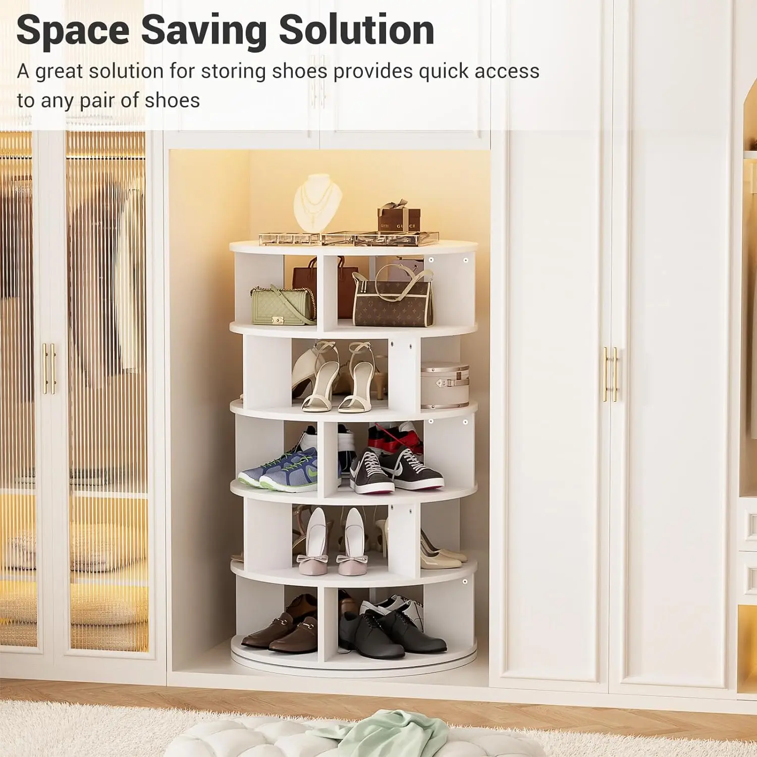 product rotating 5 tier wood shoe organizer stackable spinning shoe rack tower space saving shoe storage shelf for entryway-0