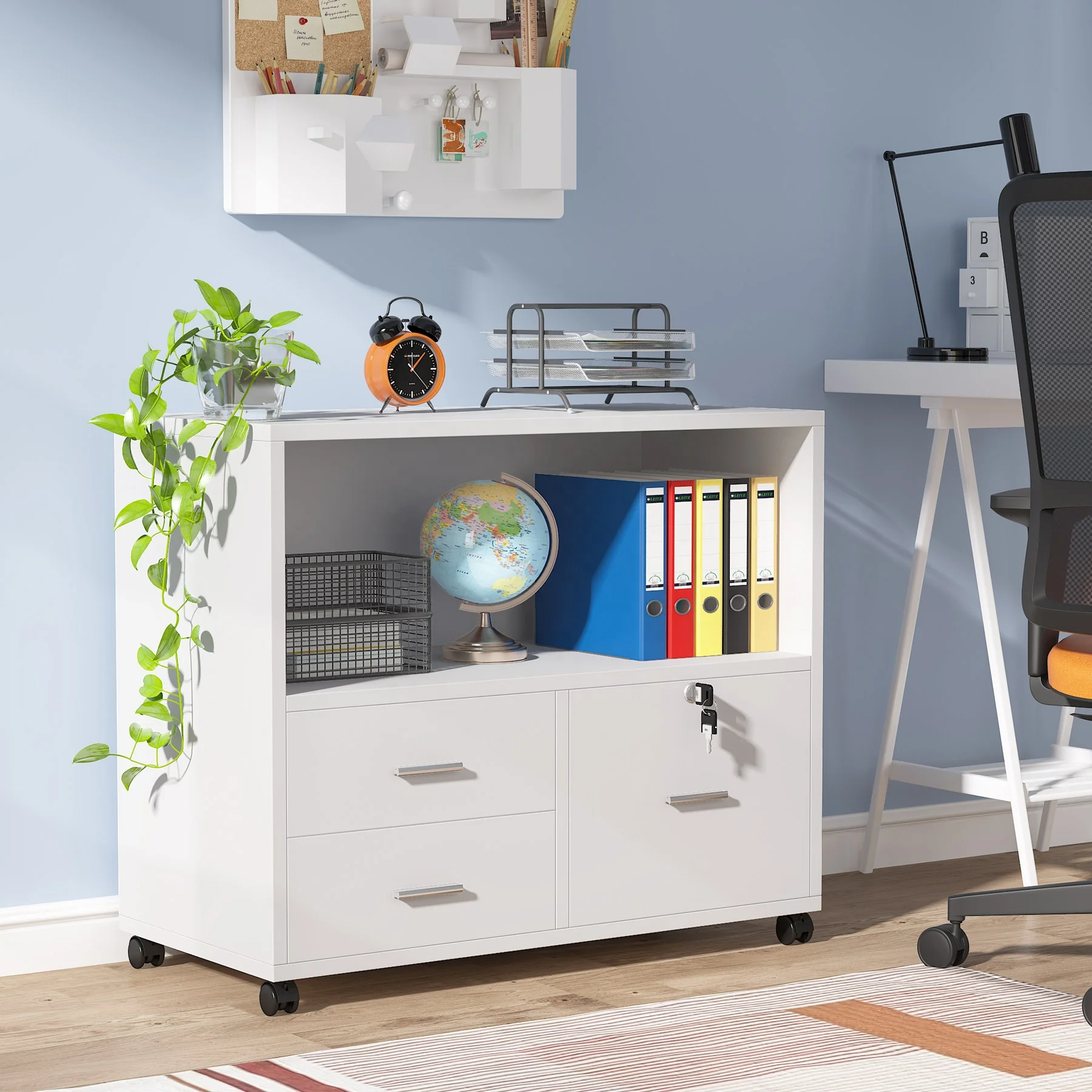 Tribesigns White 3 Drawer File Cabinet with Lock and Large Printer Stand with Open Storage Shelves for Home Office