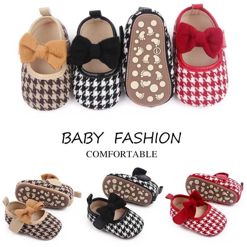Plush Large Bow Thousand-bird Plaid Vintage Princess Soft-soled Toddler Shoes for Baby Girls factory