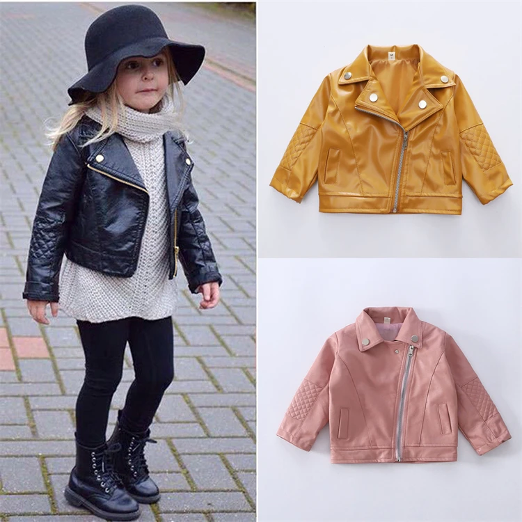 INS popular kids autumn winter PU jacket clothes outwear classic solid color little girls boys leather jacket coats for children
