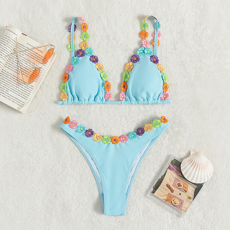 Jsn New Arrival Solid Bikini With Flower Edge High Quality