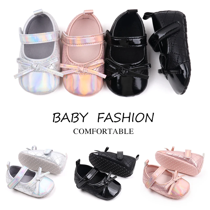 New Spring and Autumn Bright Face Diamond Check Bow Soft Soled Baby Shoes for Girls factory