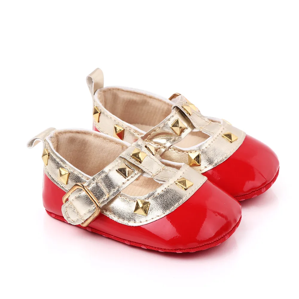 Bright Spliced Geometric Metal Decorated Baby Girls Pretty Princess Walking Shoes supplier