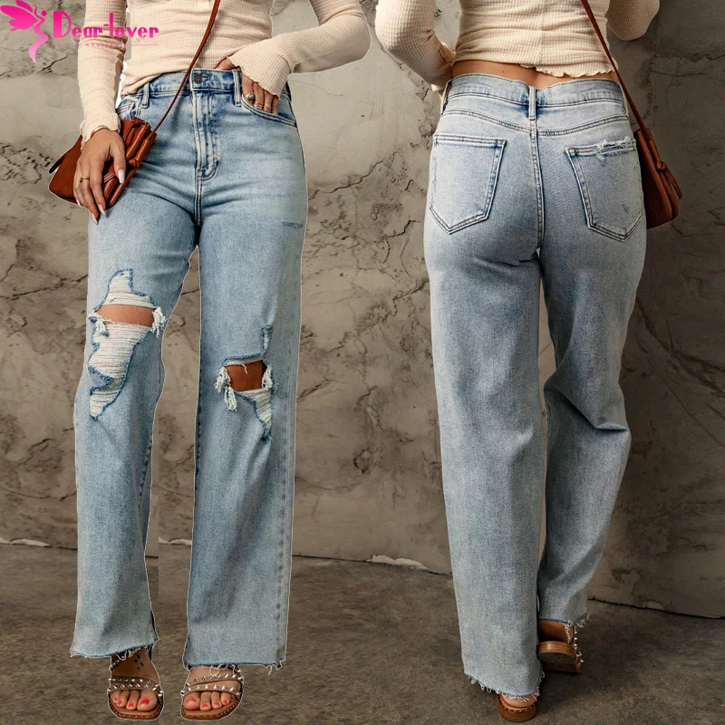 Dear-Lover Wholesale Fast Shipping Distressed Straight Leg Denim Mujer Loose Jeans Femme