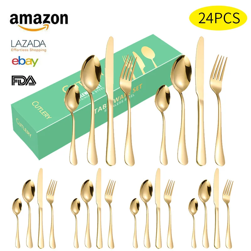 Kitchen Utensil Set Party Metal Fork Knife And Spoon Cutlery Set with Box 24pcs Stainless Steel Flatware Set