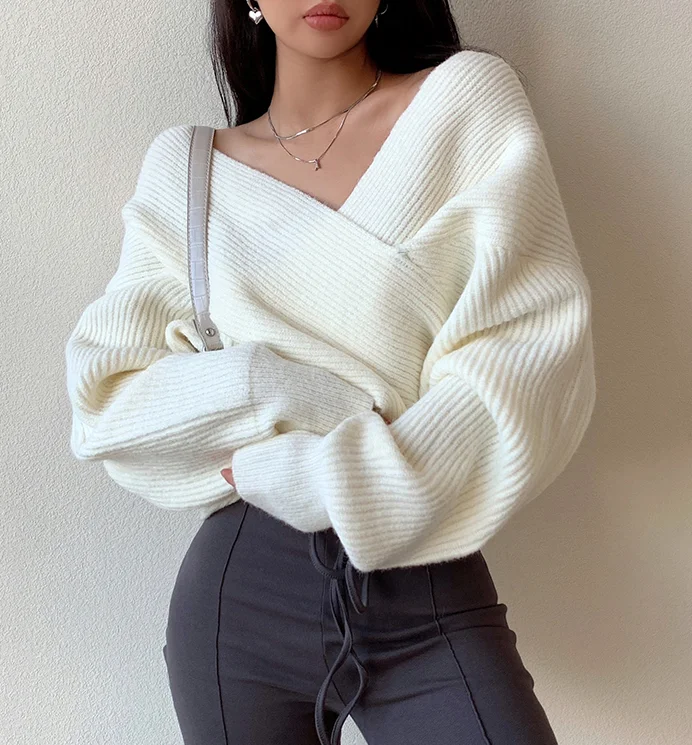Cross Knit Sweater,Women V Neck Sweater 