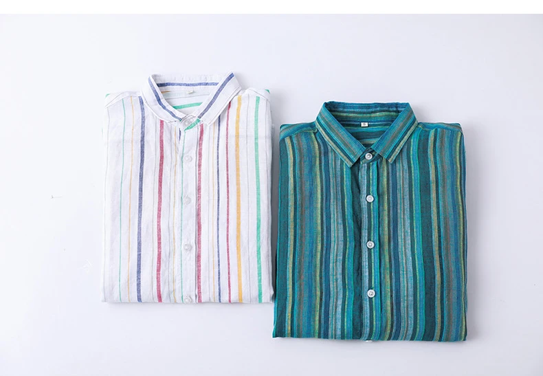 Refreshing Japanese Striped Long-Sleeved Shirt Linen Men