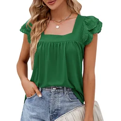European And American Fashion Women's Solid Color Stitching Square Collar Slim Summer Knitted Short Sleeve T-shirt Woman