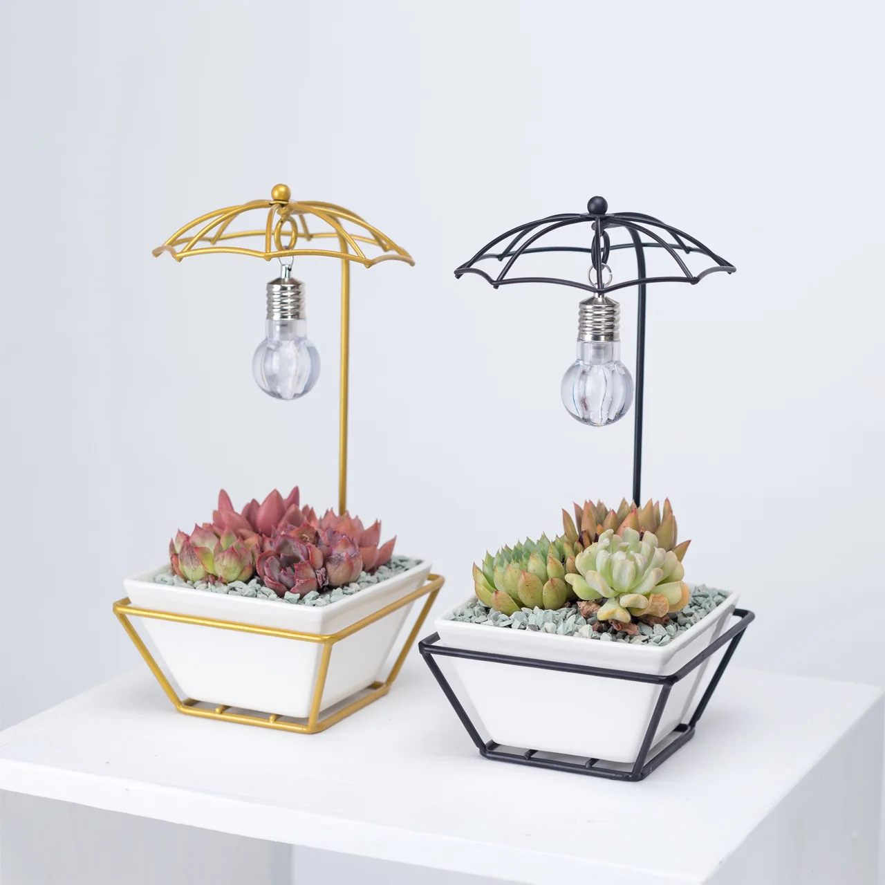 Modern Umbrella Shape Bulb Lamp White Light Succulent Ceramic Pot Gold Metal Flower Planter Pot Flower Pots & Planters