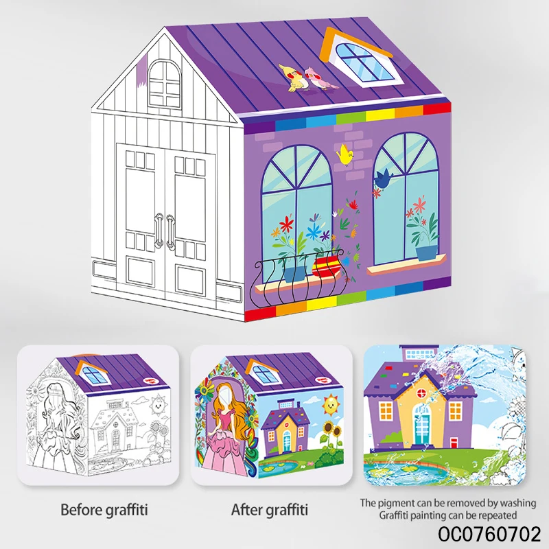 Kids model coloring toys paint tent house diy of cardboard with color pens