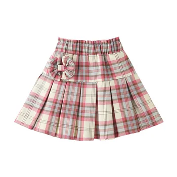 2020 Fashion New Spring Autumn Toddler Girl Plaid Pleated Skirt with Bow tie for 4-9T Children Girl Back to School Skirt